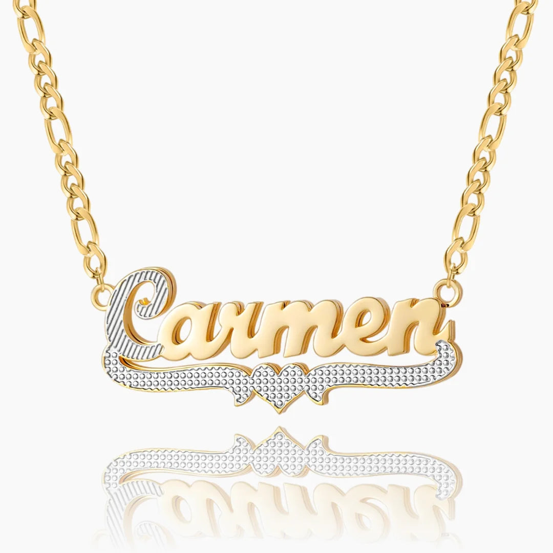 Double Plated Cursive Name Necklace in Gold with heart design element and Figaro chain, front view.