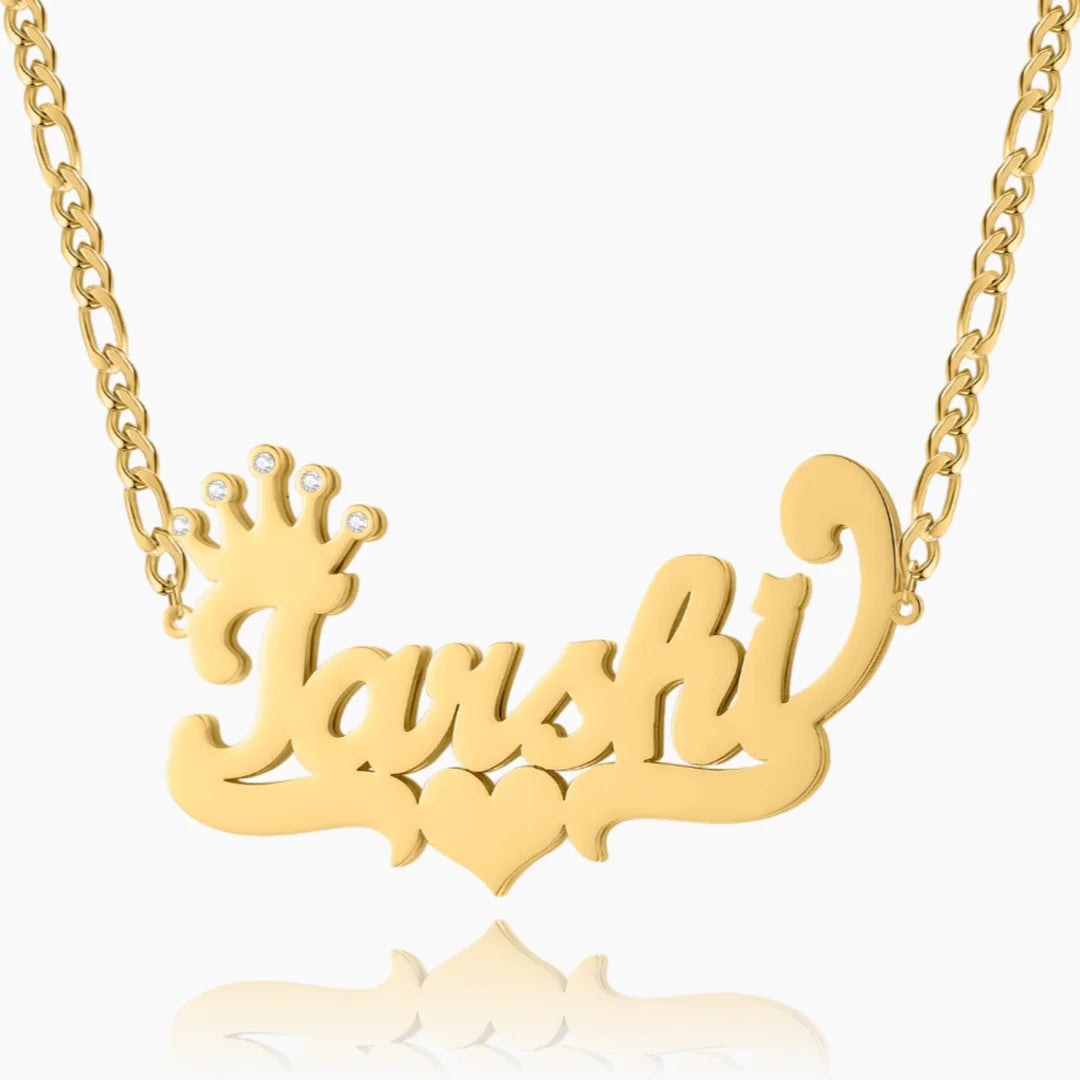 Double Plated Iced Crown Name Necklace in Gold for women