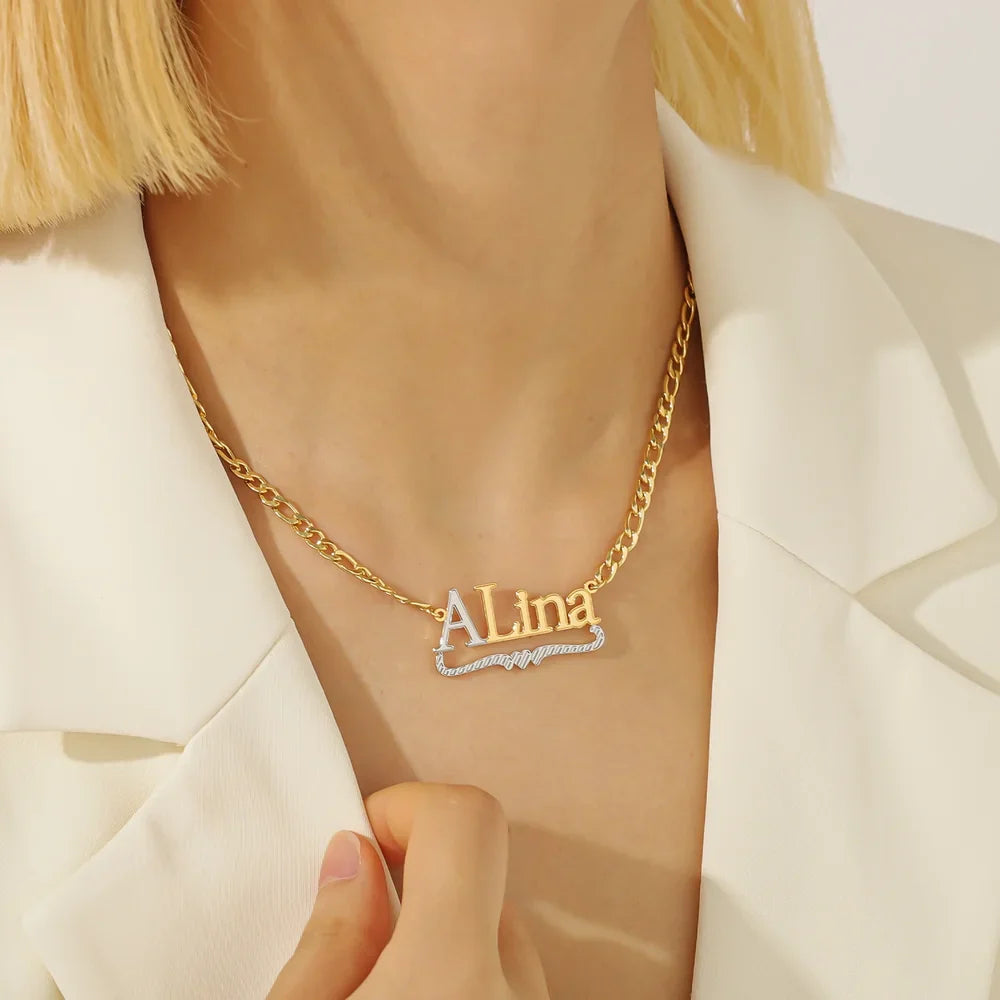 Model wearing Double Plated Initial Name Necklace in Gold