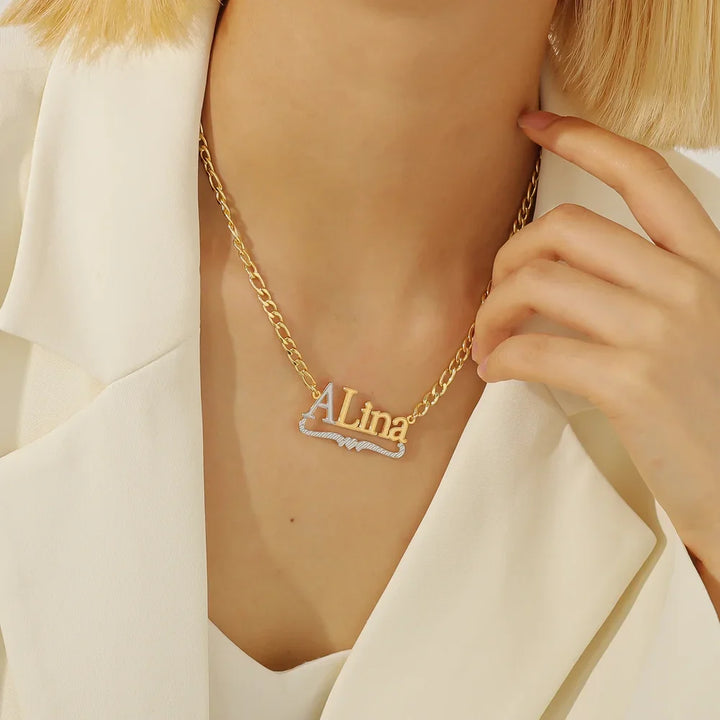 Model showcasing Double Plated Initial Name Necklace in Gold