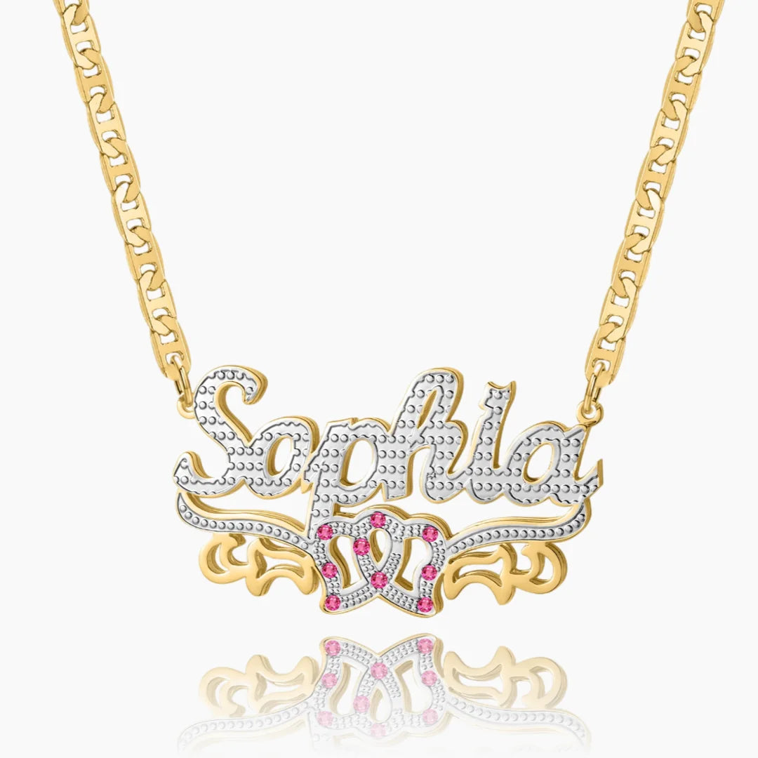 Luxurious gold double plated intertwined hearts name necklace.