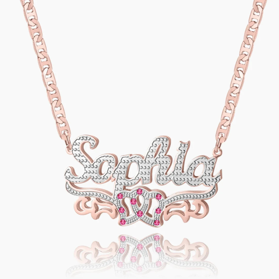 Trendy rose gold double plated intertwined hearts name necklace.