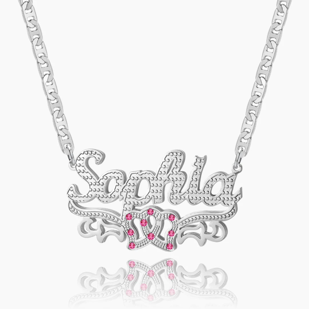 Elegant silver double plated intertwined hearts name necklace.