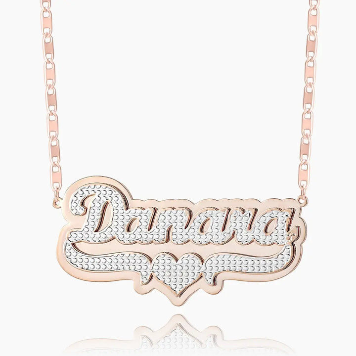 Double plated layered name necklace in rose gold, front view