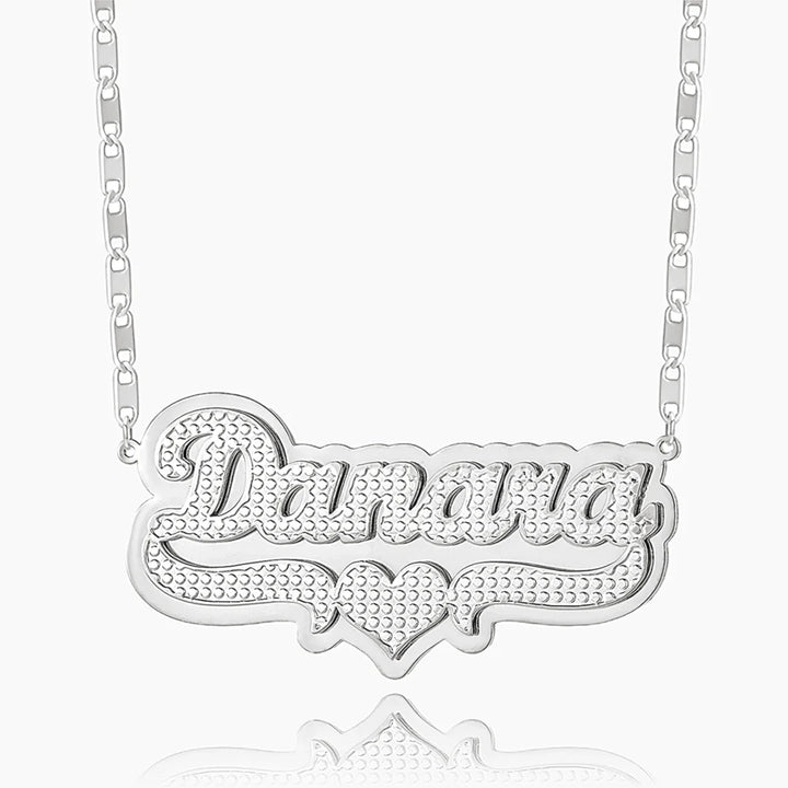 Double plated layered name necklace in silver on white background