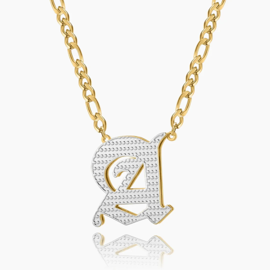 Double Plated Old English Initial Necklace in Gold with Figaro Chain