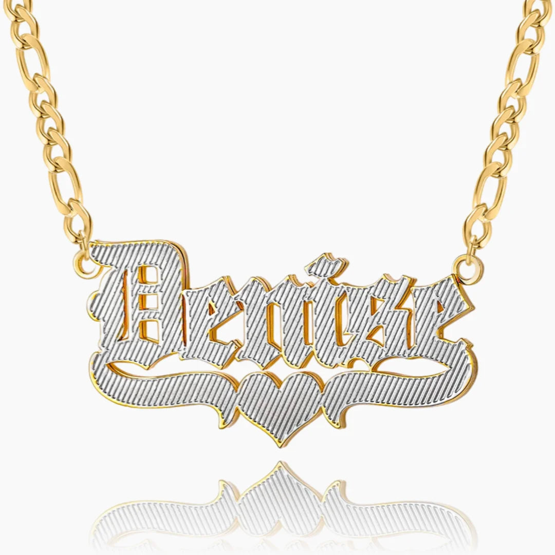 Double Plated Old English Name Necklace in Gold with Figaro Chain