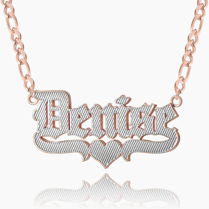 Double Plated Old English Name Necklace in Rose Gold with Figaro Chain