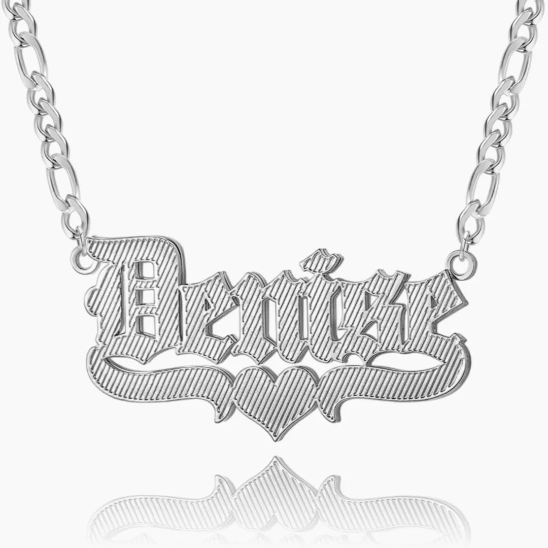 Double Plated Old English Name Necklace in Silver with Figaro Chain