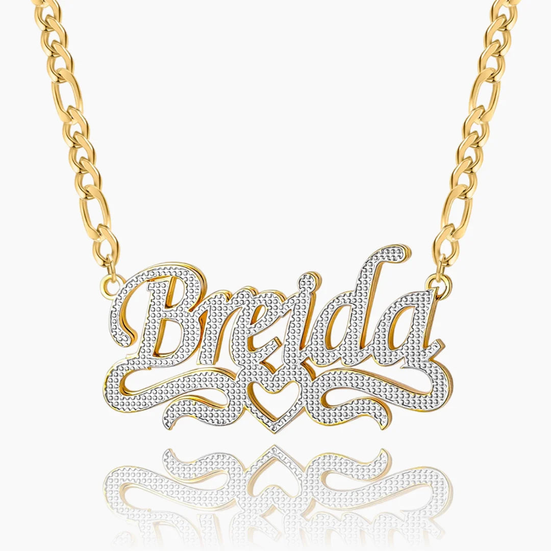  Double Plated Script Name Necklace in gold with Figaro chain.