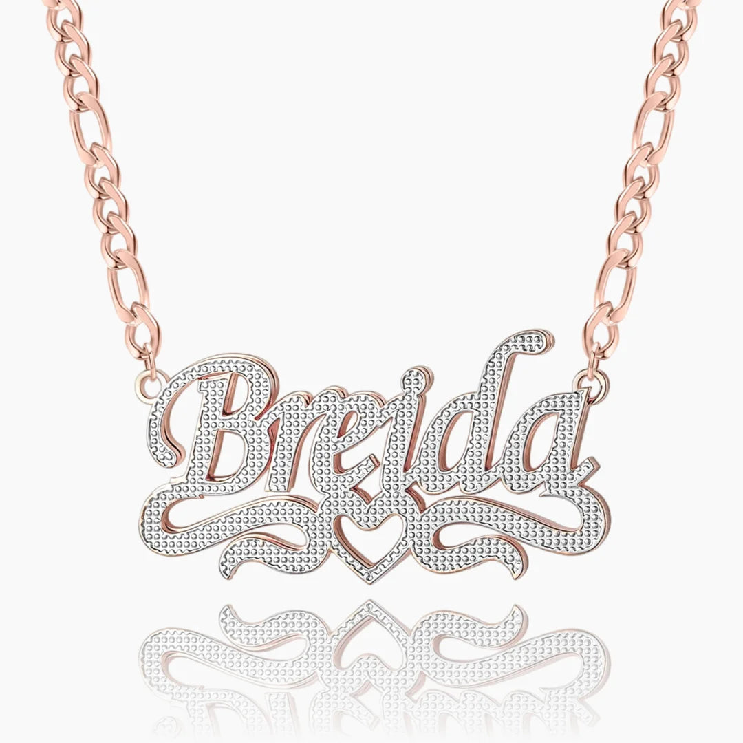 Double Plated Script Name Necklace in rose gold with Figaro chain.