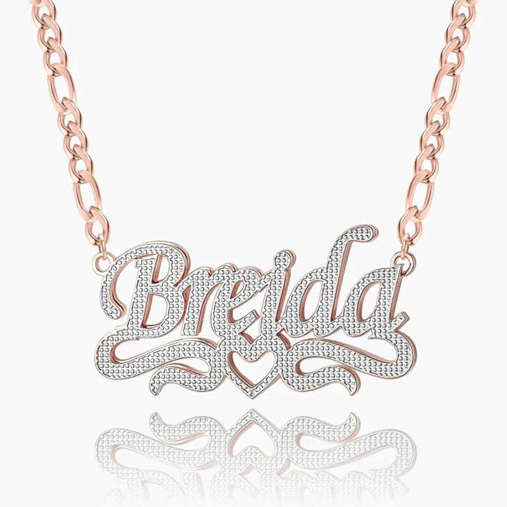 Double Plated Script Name Necklace in rose gold with Figaro chain.