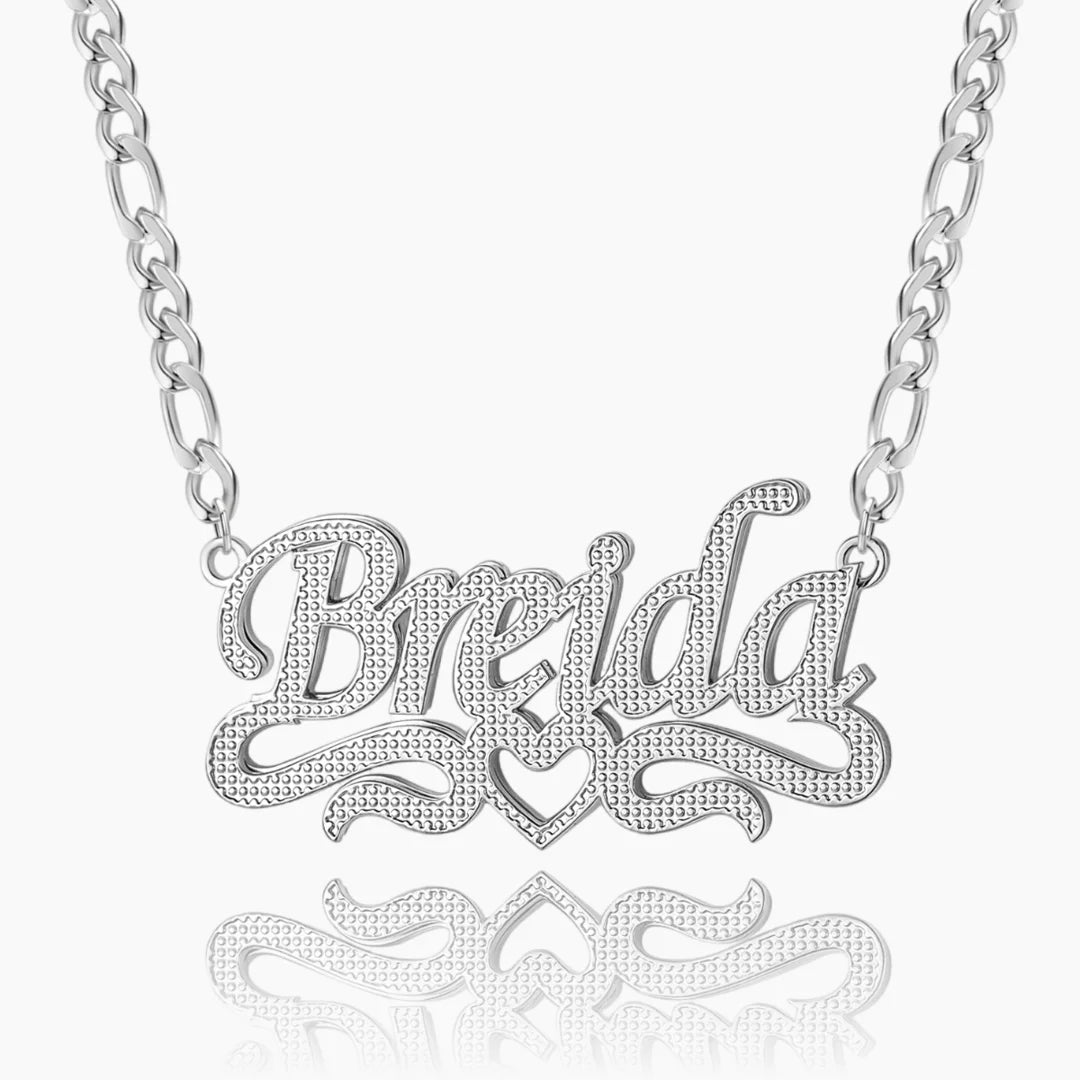 Double Plated Script Name Necklace in silver with Figaro chain.