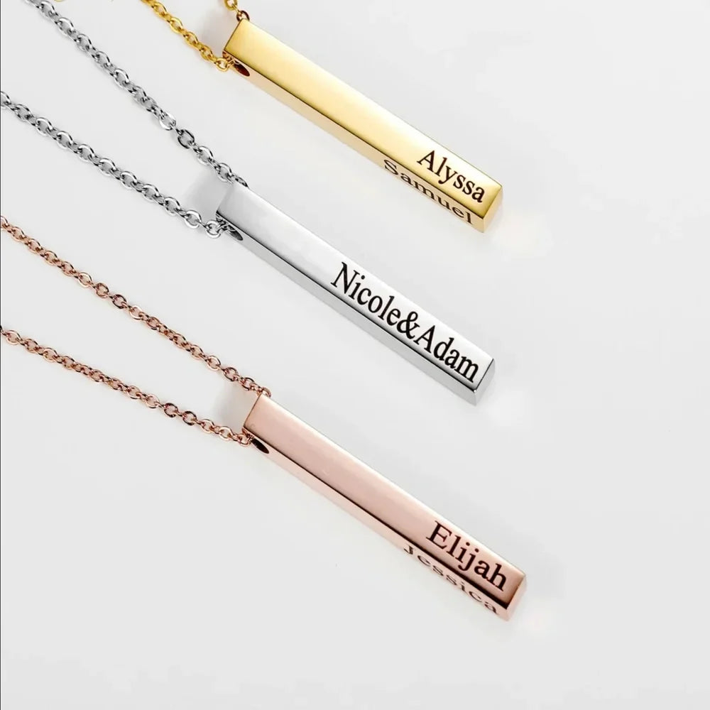 Assorted Engraved Bar Name Necklaces in Gold, Silver, and Rose Gold