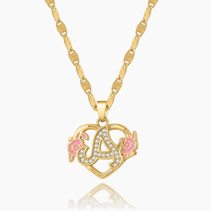 Floral Iced Initial Necklace in Gold with Pink Floral Design