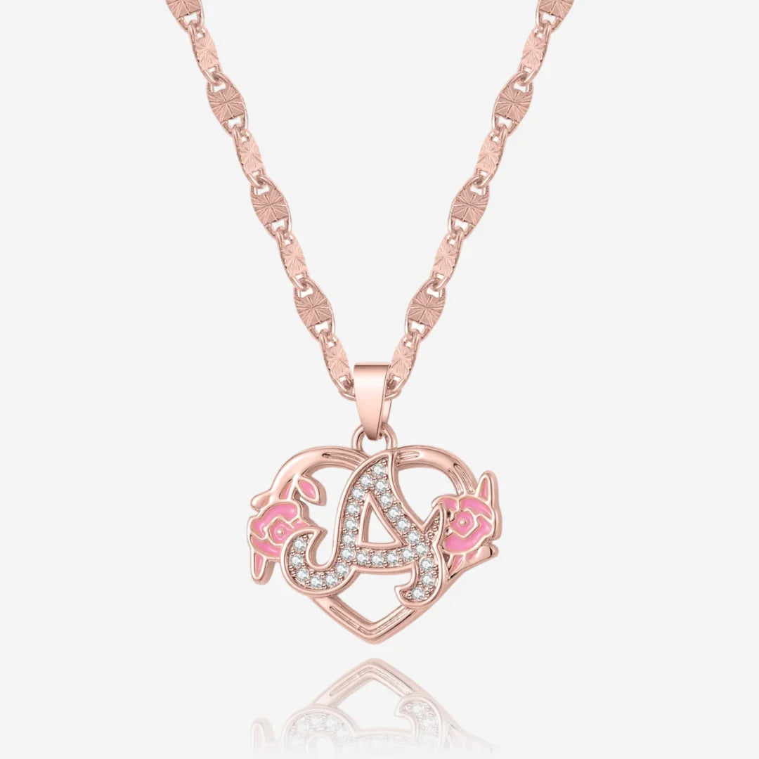 Floral Iced Initial Necklace in Rose Gold with Pink Floral Design