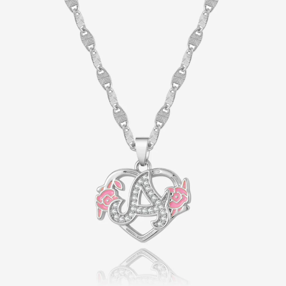 Floral Iced Initial Necklace in Silver with Pink Floral Design