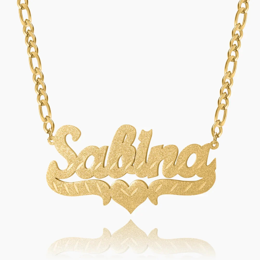 Frosted Heart Custom Name Necklace in gold with Figaro Chain