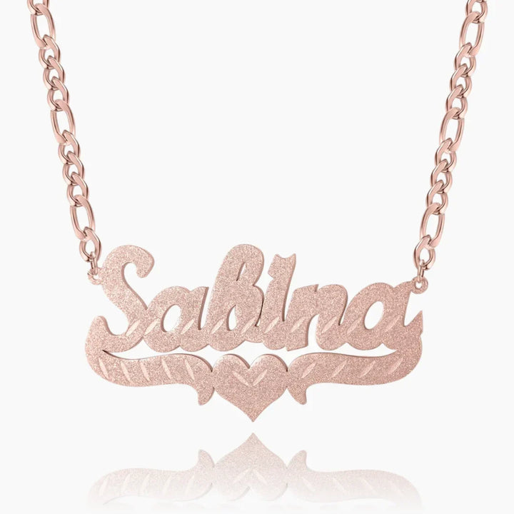  Frosted Heart Custom Name Necklace in rose gold with Figaro Chain