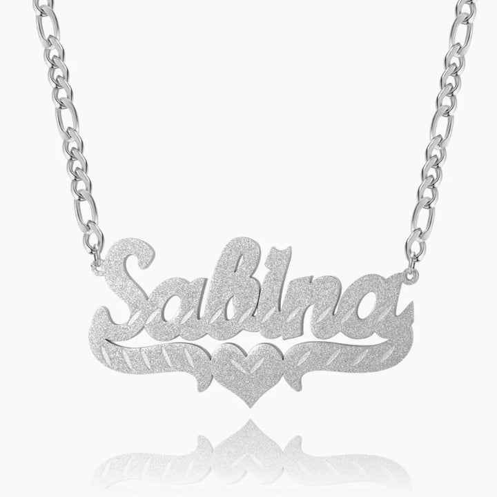 Frosted Heart Custom Name Necklace in silver with Figaro Chain