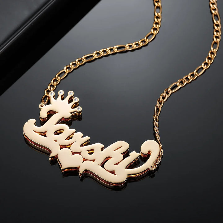 Angle view of Gold Double Plated Iced Crown Name Necklace