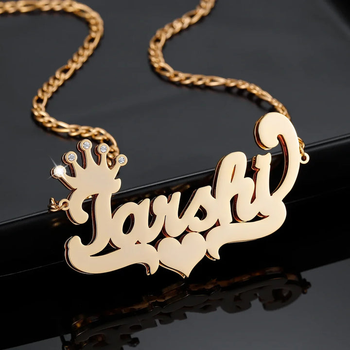 Closeup of Gold Double Plated Iced Crown Name Necklace