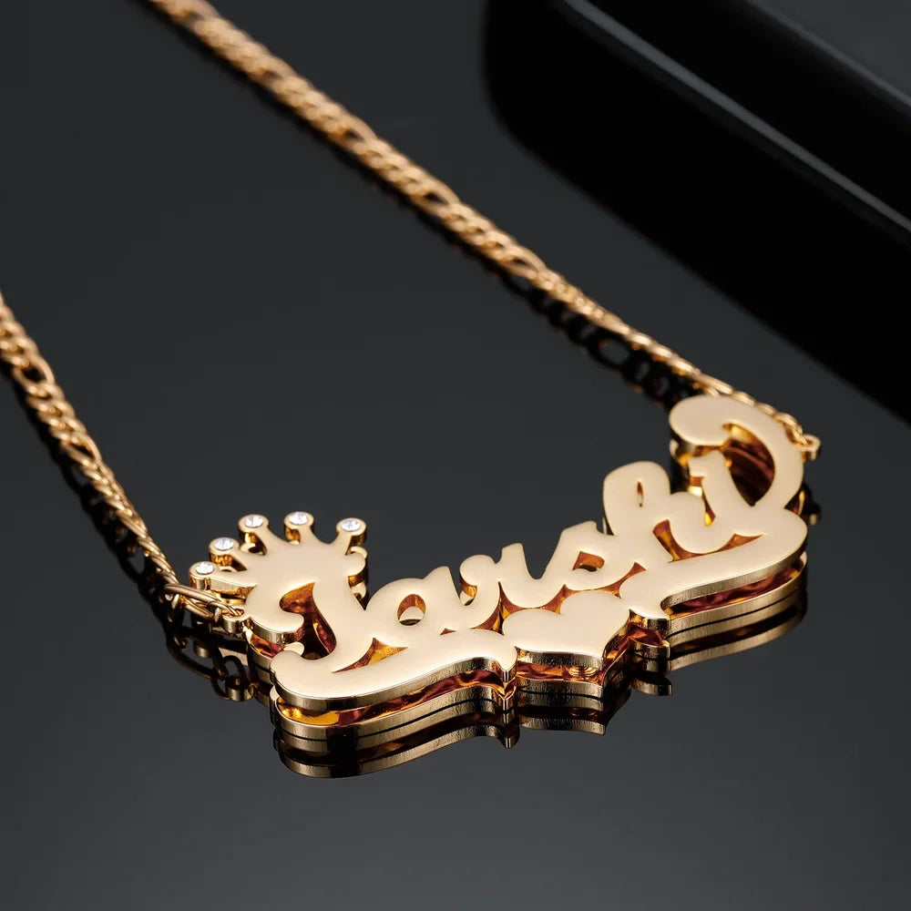 Side view of Gold Double Plated Iced Crown Name Necklace