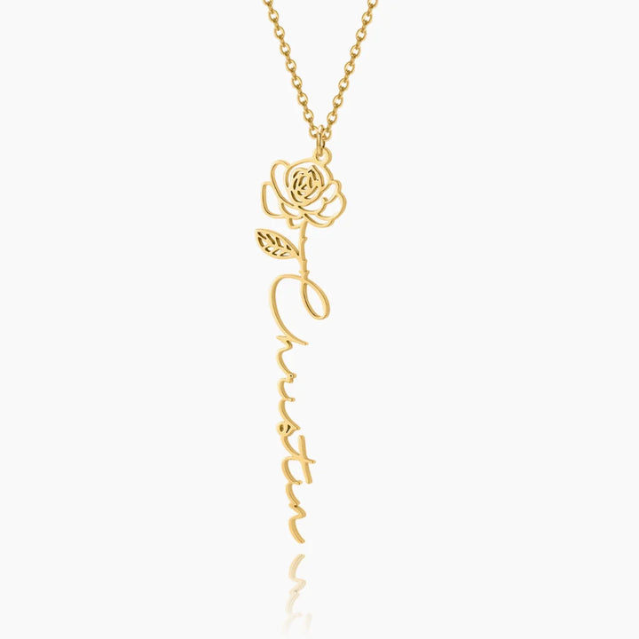 Personalized Birth Flower Name Necklace in gold with a delicate floral motif and customized name