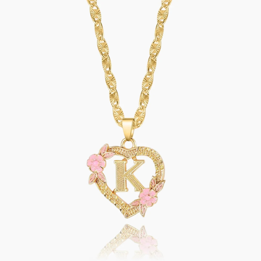 Gold Personalized Floral Initial Necklace with pink flowers and initial 'K'.