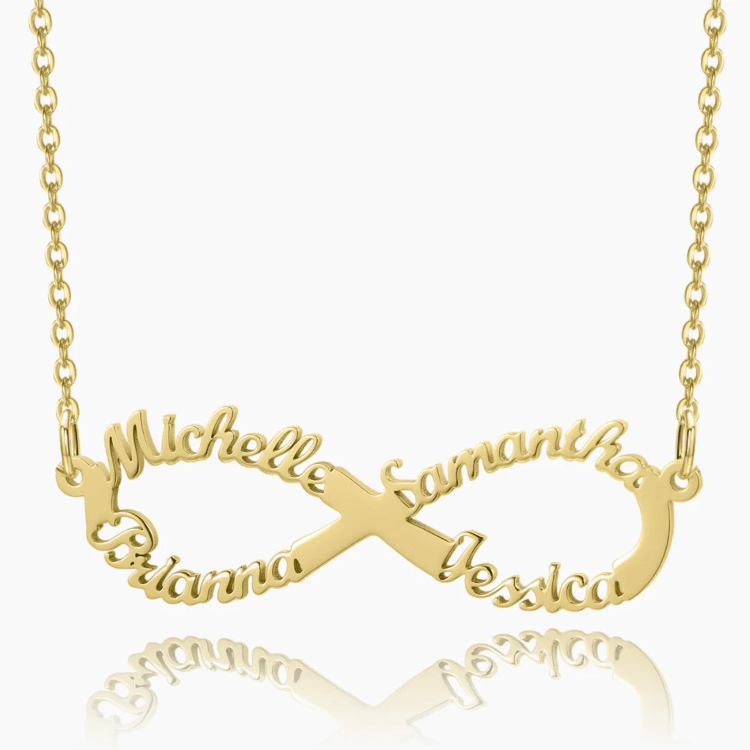 Gold Personalized Infinity Name Necklace with custom names Michelle, Samantha, Brianna, and Jessica.