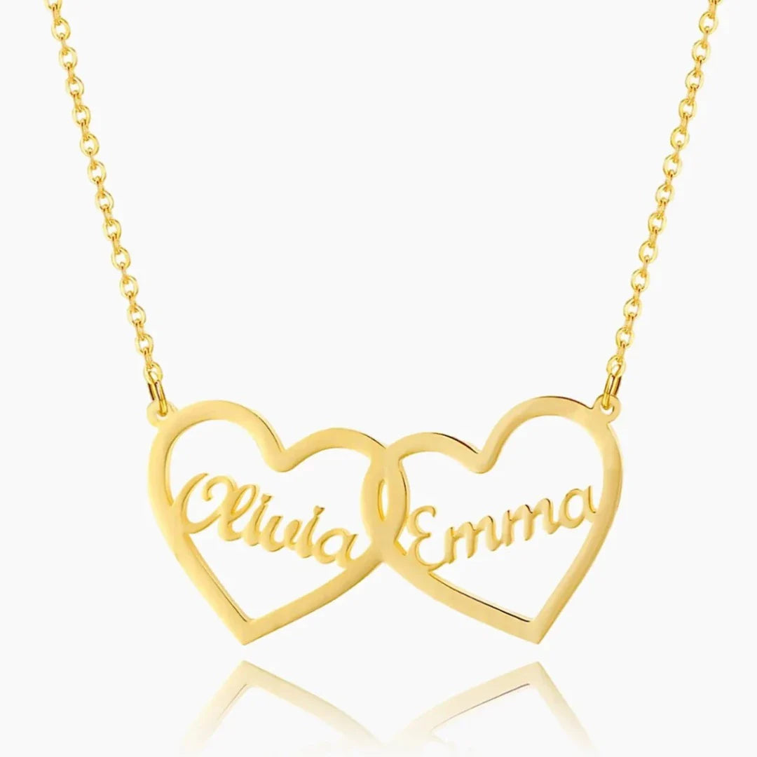 Gold twin hearts name necklace