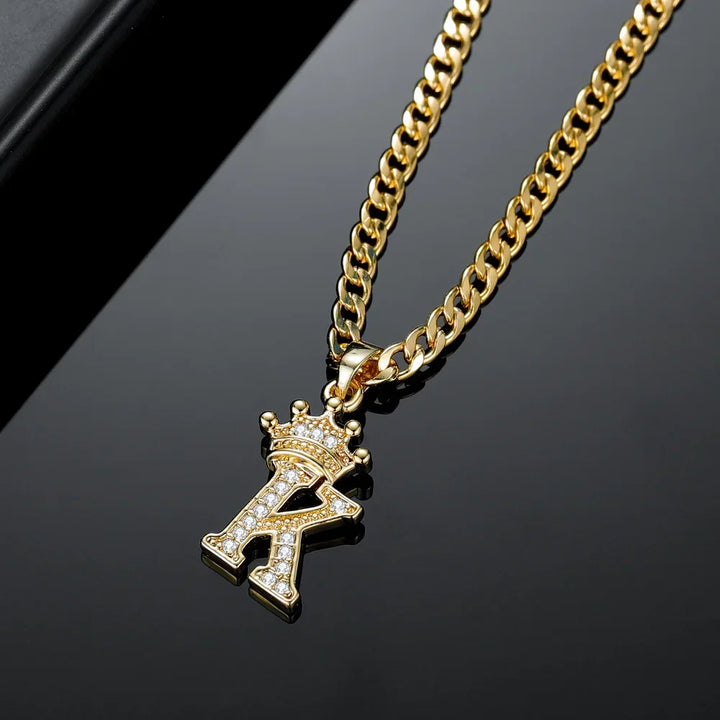 Alternative angle view of gold Iced Crown Initial Necklace with bold Cuban Chain.