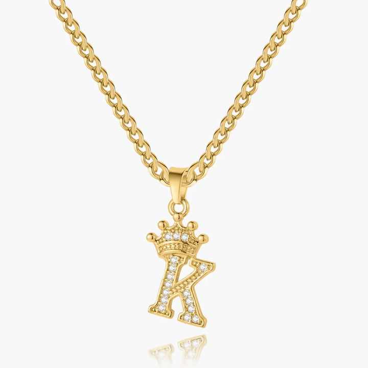 Front view of gold Iced Crown Initial Necklace with Cuban Chain.