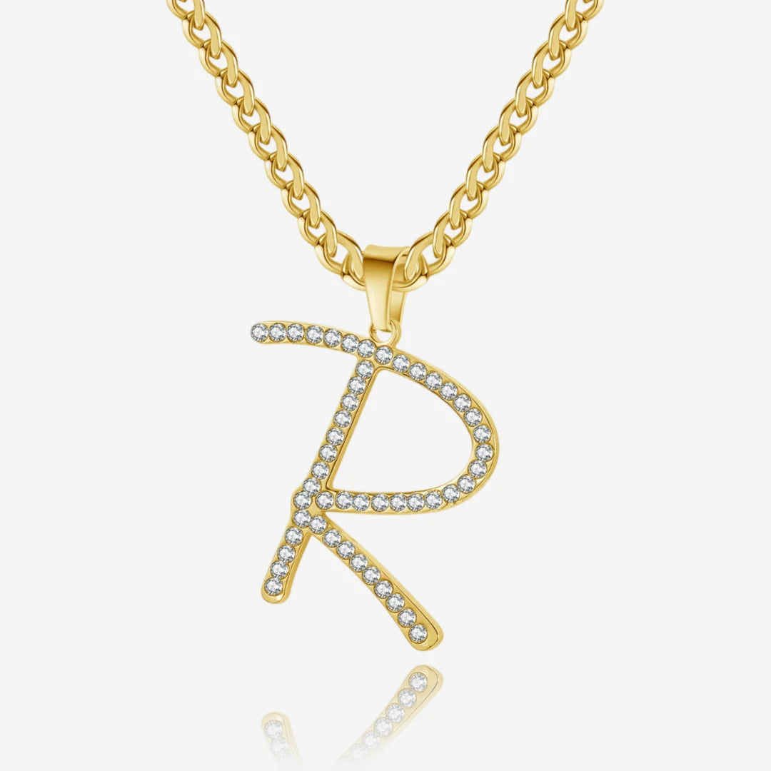 Iced Cursive Initial Necklace in Gold with Cuban Chain