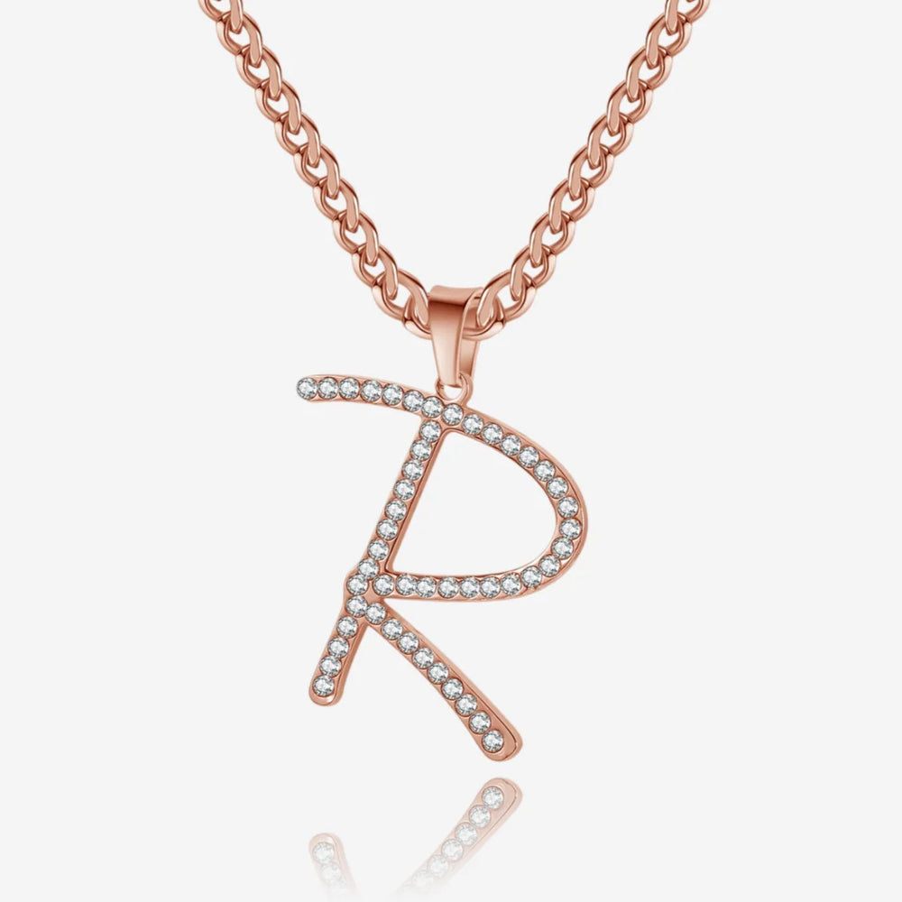 Iced Cursive Initial Necklace in Rose Gold with Cuban Chain