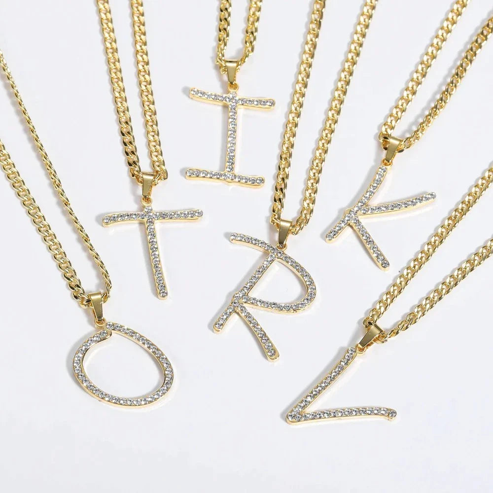 Assorted Iced Cursive Initial Necklaces in various letters and gold finish