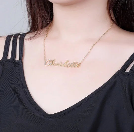 Model wearing Gold Iced Initial Name Necklace