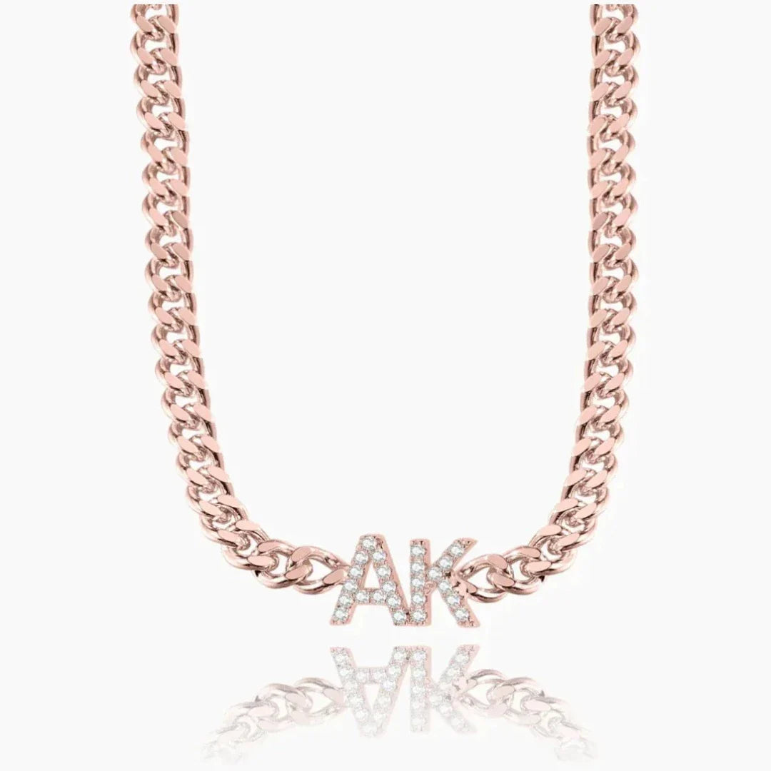 Iced initials necklace with cuban chain in rose gold, front view