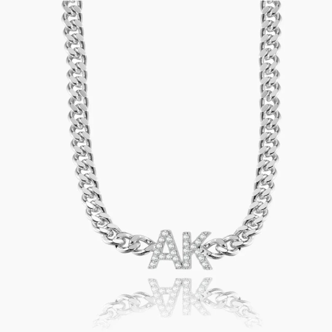 Iced initials necklace with cuban chain in silver, front view