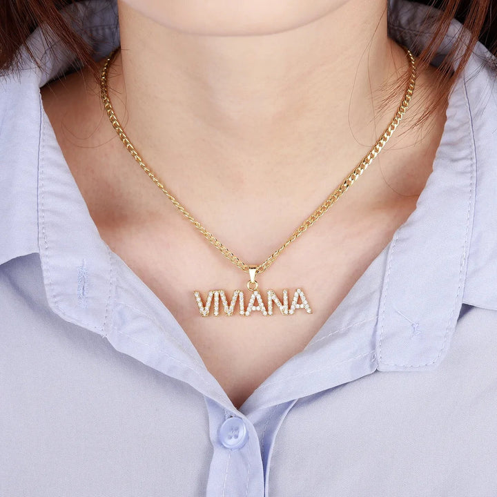 Woman wearing Gold Iced Name Necklace with Cuban Chain