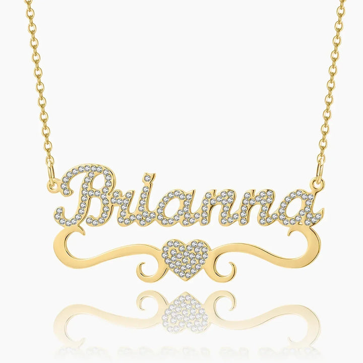 Gold Iced Out Heart Name Necklace personalized with the name Brianna, featuring sparkling stones and a delicate heart design.