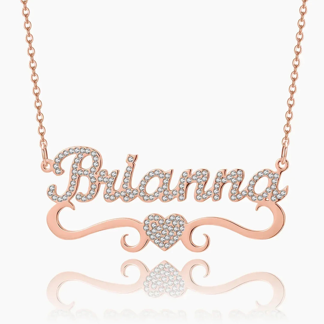 Rose Gold Iced Out Heart Name Necklace personalized with the name Brianna, featuring sparkling stones and a delicate heart design.