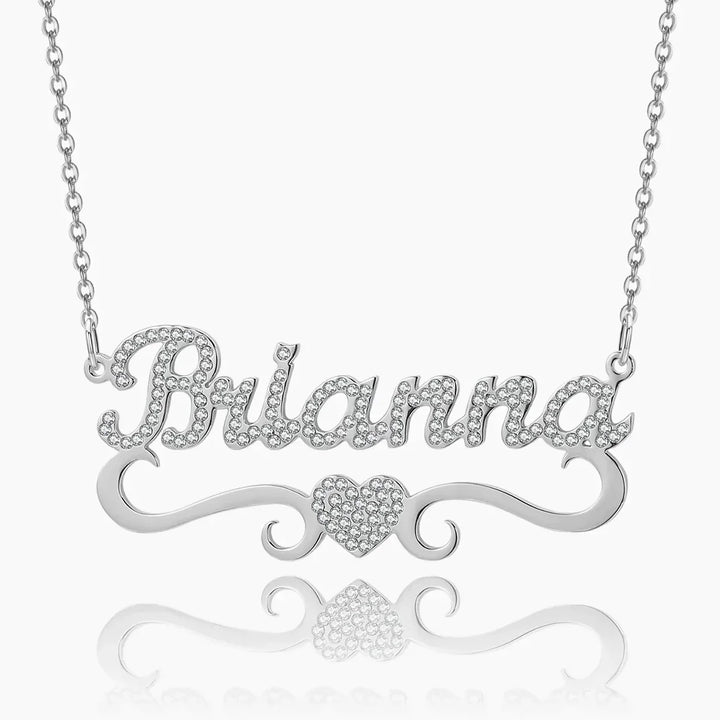 Silver Iced Out Heart Name Necklace personalized with the name Brianna, featuring sparkling stones and a delicate heart design.