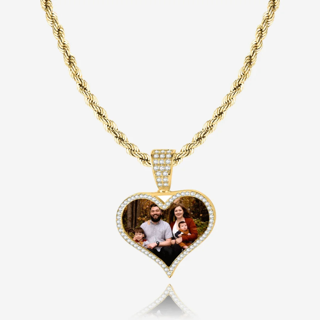 Iced Out Heart Photo Pendant in Gold with customizable photo