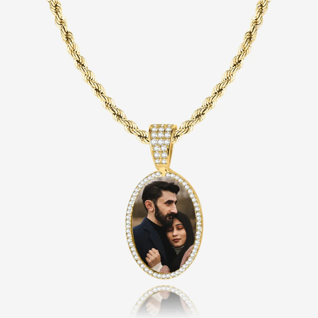 Iced Out Oval Photo Pendant in Gold - Customizable with Any Photo