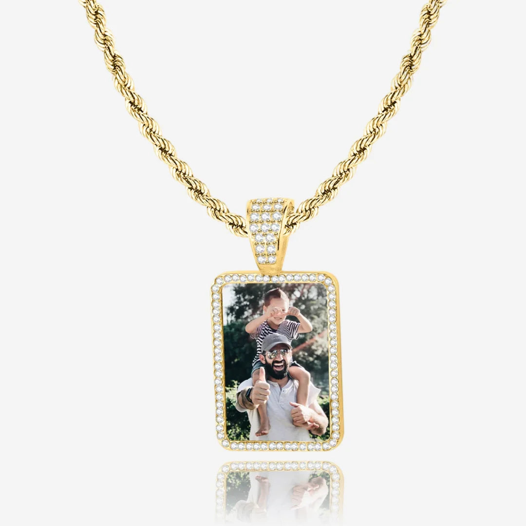 Gold Iced Out Rectangle Photo Pendant on a rope chain