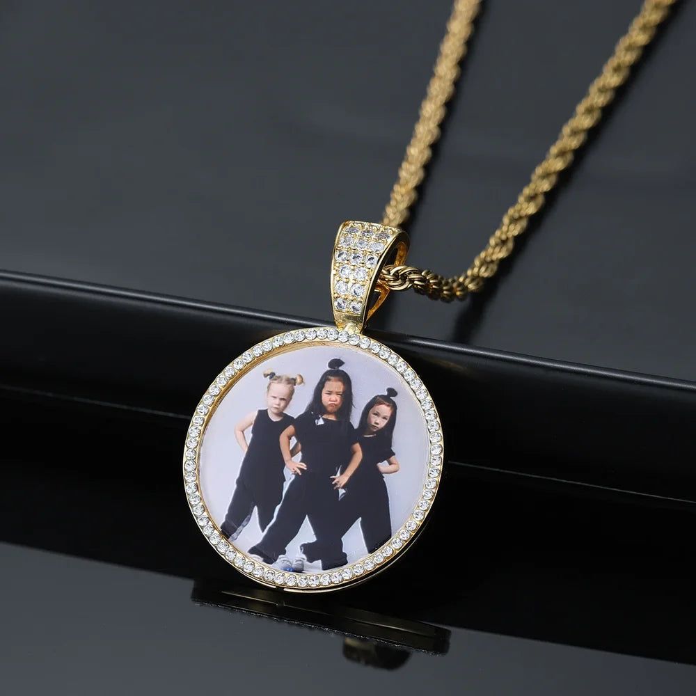  Iced Out Round Photo Pendant on Black Background