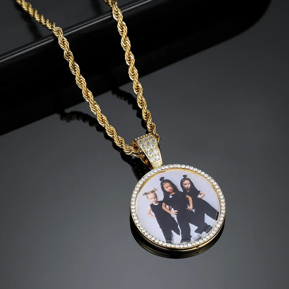  Iced Out Round Photo Pendant with Gold Chain on Black Background