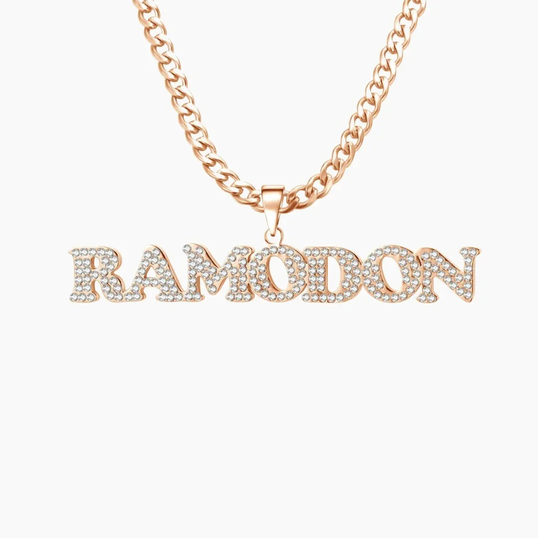 Iced Out Title Name Necklace with rose gold Cuban chain for women