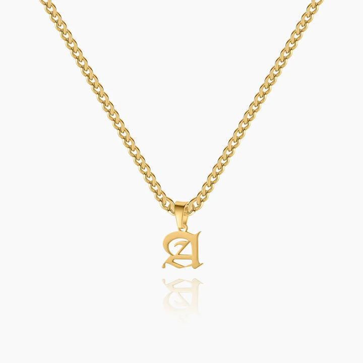 Old English Initial Necklace with Cuban Chain in Gold - Letter A